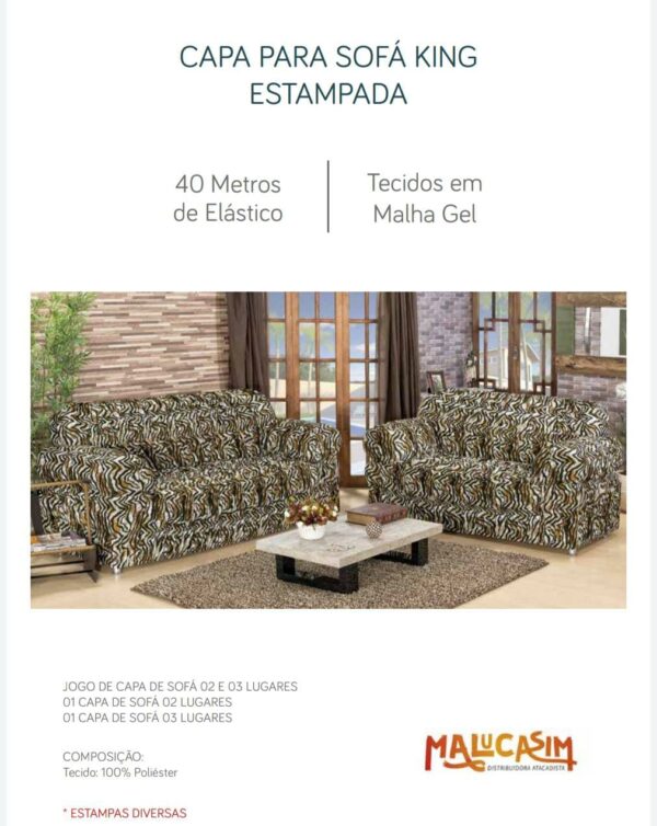 CAPA DE SOFA 40 ELASTICOS MALHA GEL KING ESTAMPADA