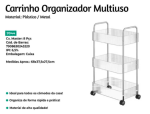 CARRINHO ORGANIZADOR C/ RODINHA MULTIUSO 3 ANDARES - KEHOME