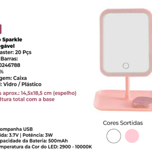 ESPELHO SPARKLE RECARREGAVEL DE LED 14,5 X 18,5CM - KEHOME